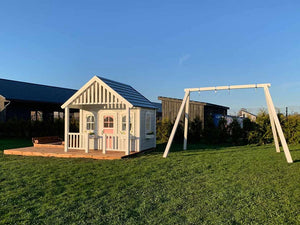 No 7 - Wooden Kids Playhouse with Loft, Terrace & Furniture – Outdoor Garden Playhouse for Children