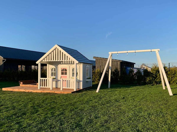 No 7 - Wooden Kids Playhouse with Loft, Terrace & Furniture – Outdoor Garden Playhouse for Children