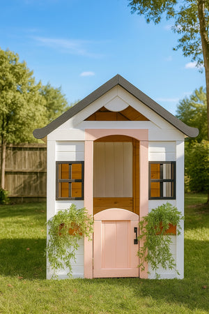 No 4 - Custom Wooden Playhouse for Kids – Outdoor Backyard Playhouse – Handmade Garden Play House with Door & Windows – Gift Idea