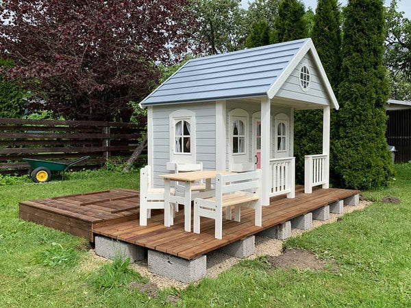 No 7 - Wooden Kids Playhouse with Loft, Terrace & Furniture – Outdoor Garden Playhouse for Children