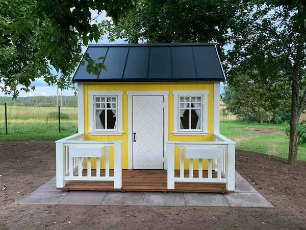 No 5 - Custom Wooden Playhouse with Loft & Furniture | 6x8 ft Outdoor Kids Playhouse | Painted Wood, Metal Roof, Terrace, Personalization Included