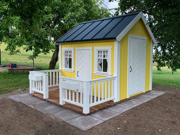 No 5 - Custom Wooden Playhouse with Loft & Furniture | 6x8 ft Outdoor Kids Playhouse | Painted Wood, Metal Roof, Terrace, Personalization Included